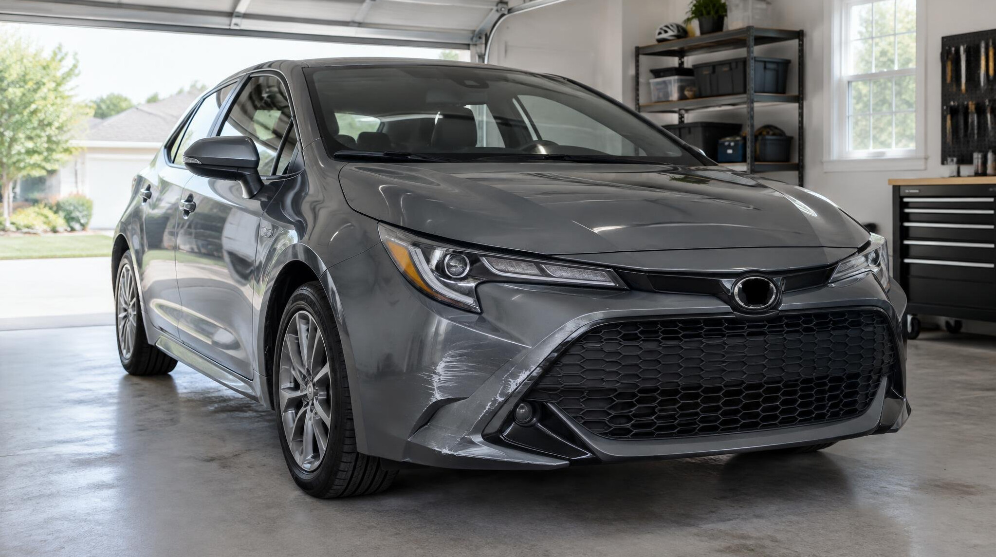 Sports car parked in a garage with visible front bumper