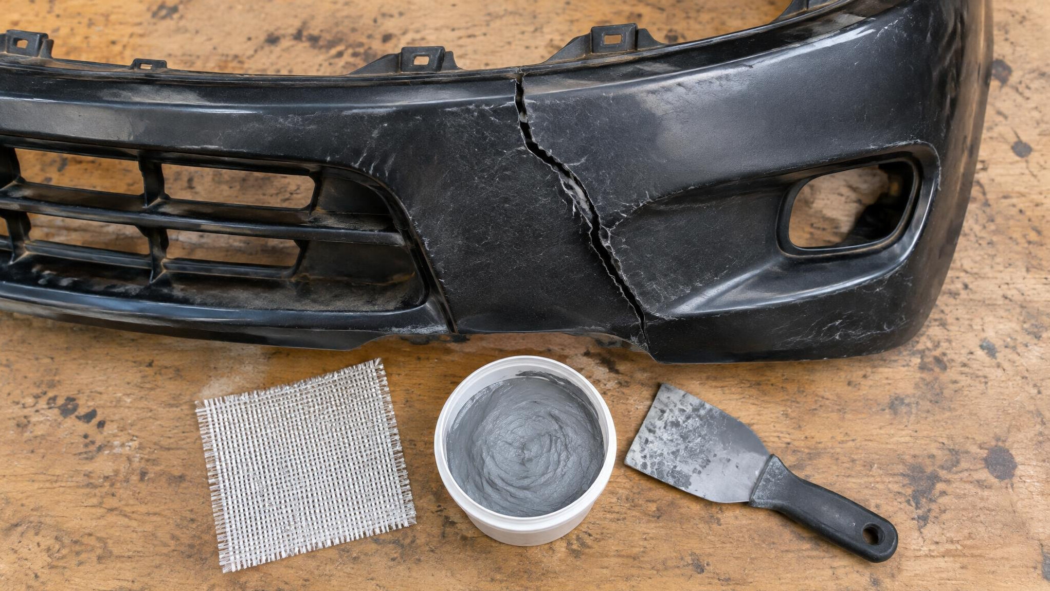 Cracked plastic car bumper removed from the car