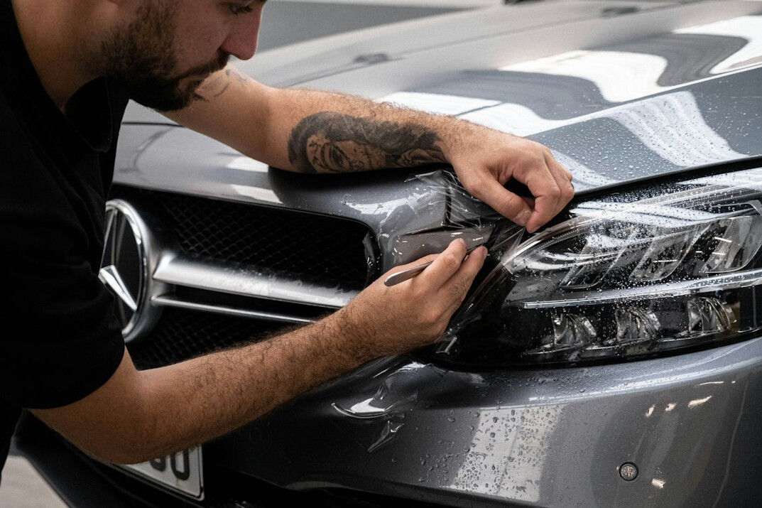 Sanding a scratched car bumper by hand